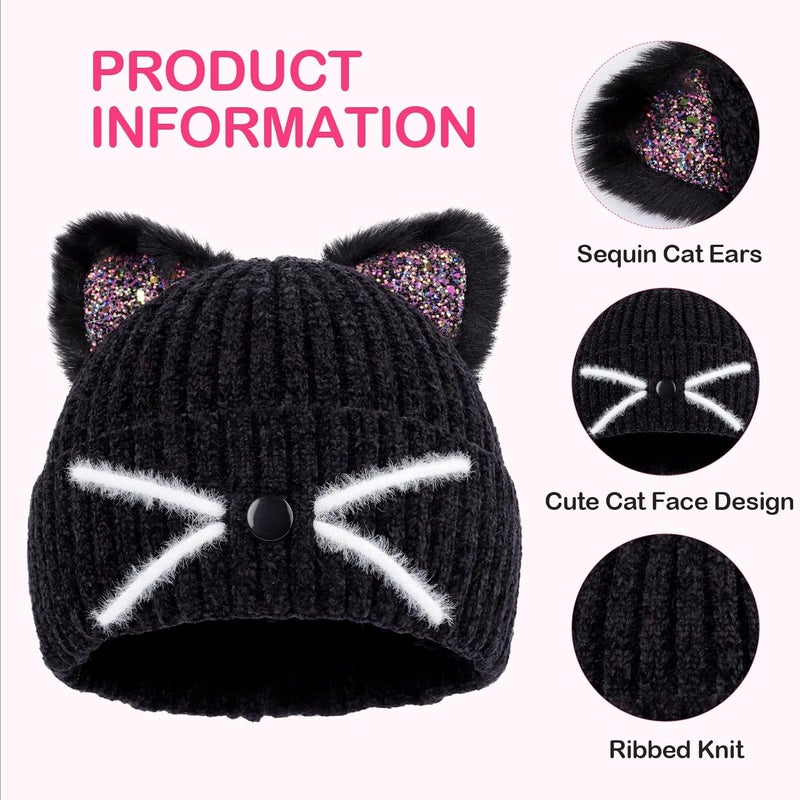 ACTLATI Little Girls Sequin Cat Ears Hats Cute Warm Knit Beanie Hat for Kids Winter Outdoor Snow Ski Skull Cap 3-8 Years - Image 4